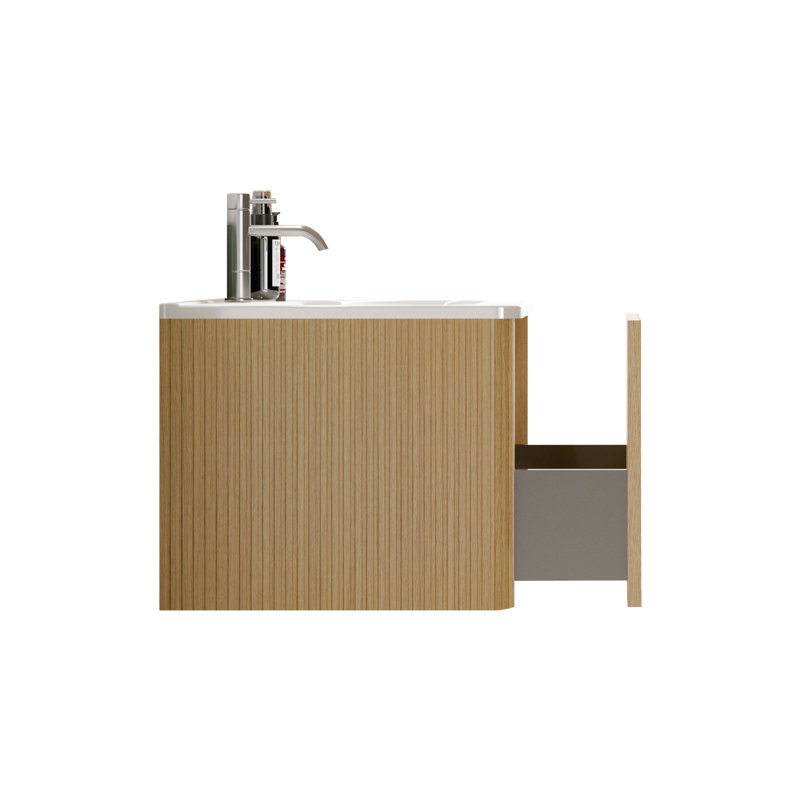 Meuble-lavabo de salle de bain mural de 24 po avec lavabo rayé en chêne naturel et en céramique blanche à rebords incurvés de conception moderne