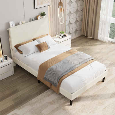 Bed Frame with USB Charging Station, Corduroy Upholstered Platform Bed Frame with Adjustable Storage Headboard, Wooden Slats Support, No Box Spring Needed, Easy Assembly