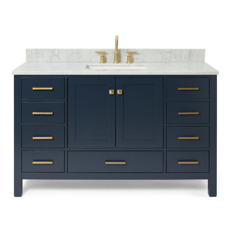 Flynt Single Bathroom Vanity Set, Midnight Blue/Satin Brass, Rectangular, 55" W