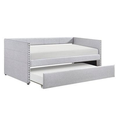 Modern Daybed Pull-Out Trundle Side Pockets Light Gray Upholstery Nailhead Trim Bedroom Living Room Furniture
