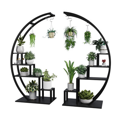 56 inch Black 5 Tier Metal Plant Stand Indoor 2 Pack Creative Half Moon Shape Ladder Flower Pot Stand Rack Hanging Flower Display Shelf