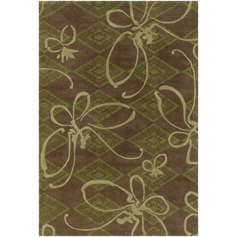 Tapis vert et brun en laine touffeté à la main Adelyte, Rectangle 2 pi x 3 pi