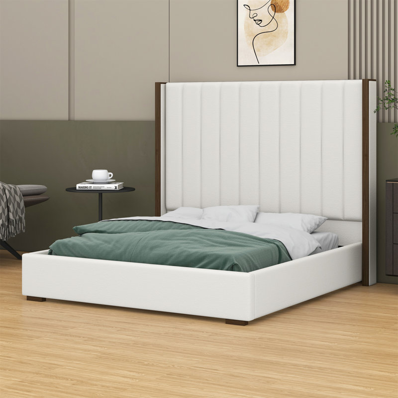 Tall Headboard Upholstered Bed With Vertical Striped And Wingback Design