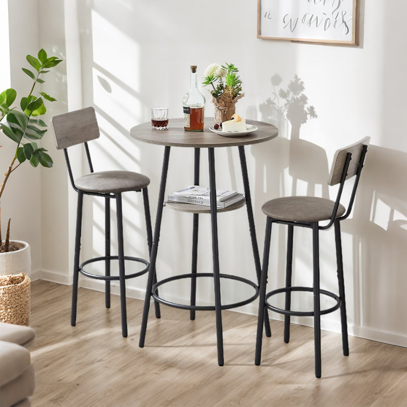 3-Piece Bar Table Set for 2, 2-Tier Round Bistro Dining Table & PU Stools, Counter Height Table, Gray, Black/Gray