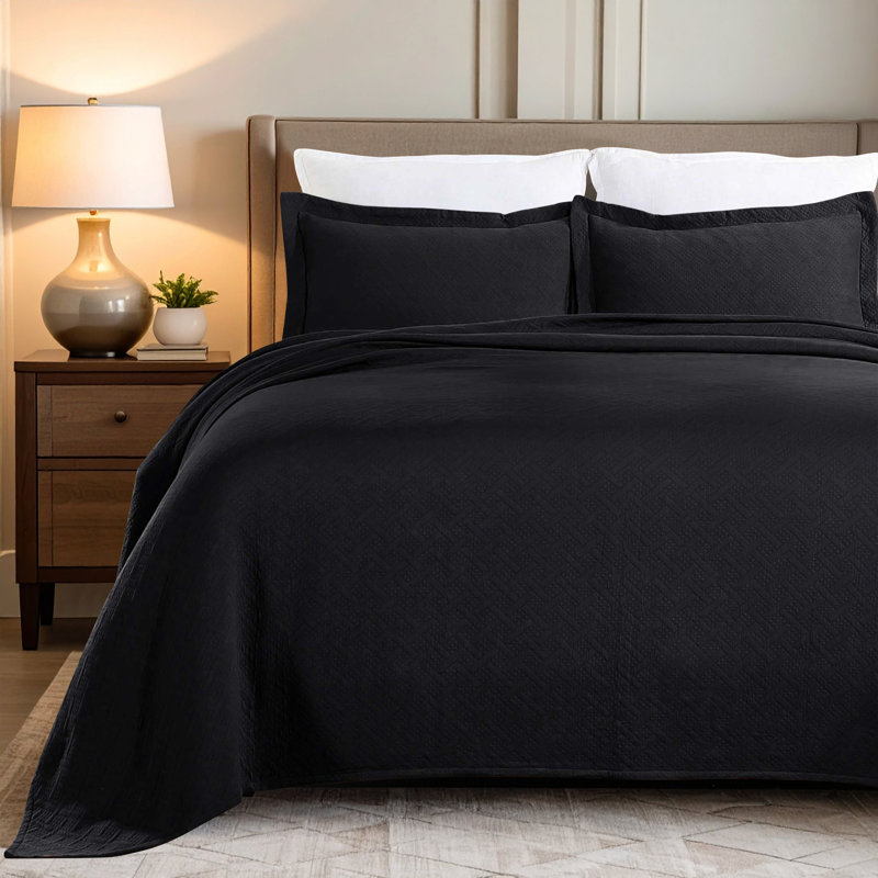The Blue Nile Mills Basketweave Cotton Matelasse Bedspread And Pillow Sham Set, Queen Bedspread + 2 Standard Shams, Black