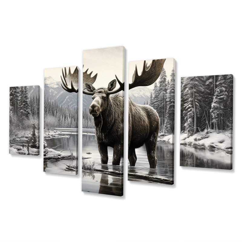 Orignal brun et blanc, majestueux, décoration murale animaux, 5 panneaux