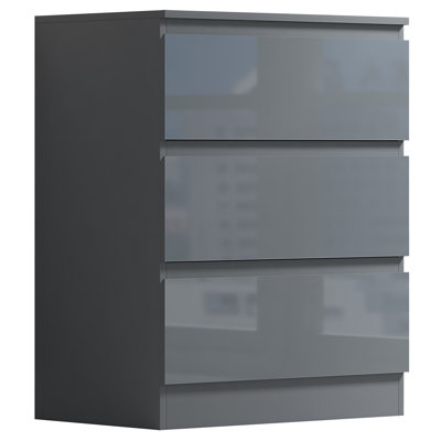 Stora 3 Drawer Chest Of Drawers: 60cm Wide. High Gloss Front. Scratch Resistant. Modern No Handle Design.