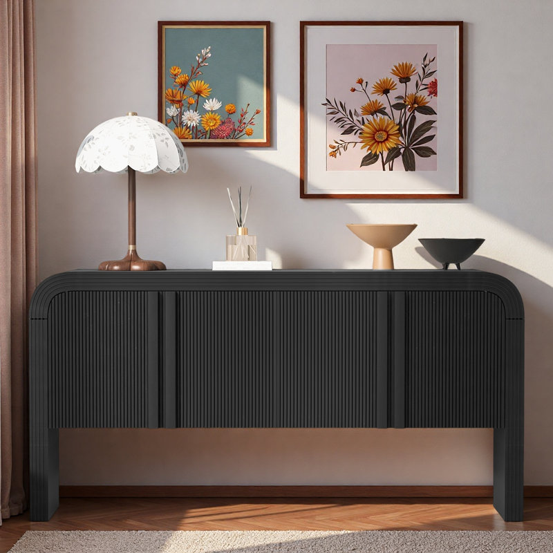 Console avec 4 portes ondulées et tablettes réglables, Noir