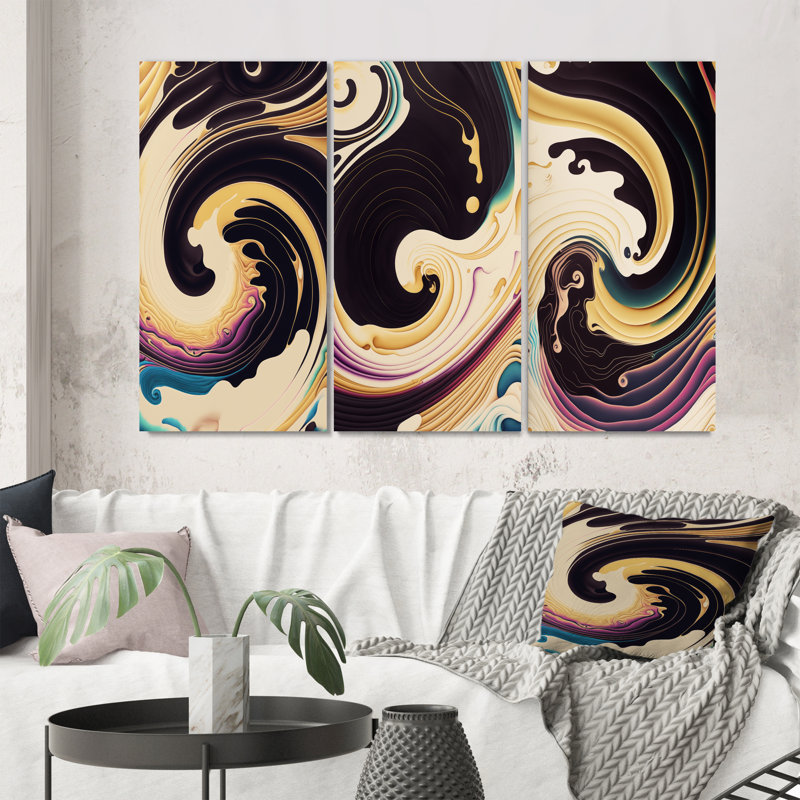 «Mauve, or et tourbillon bleu», 3 pièces sur toile, Toile tendue, H 40 po x l 60 po
