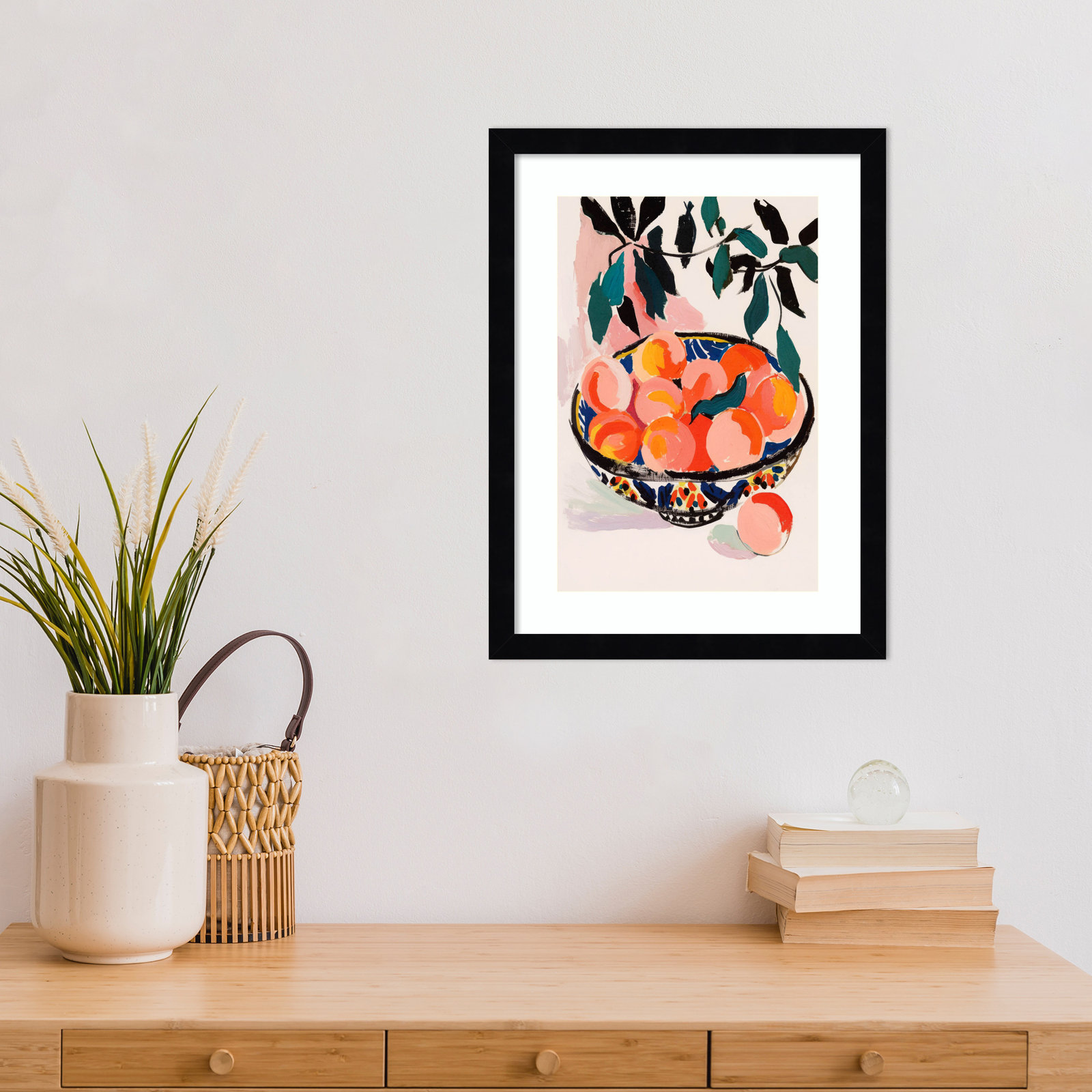 Ottilie "Fresh Peach Fruit Bowl" Print, Black Framed, 17" H x 13" W