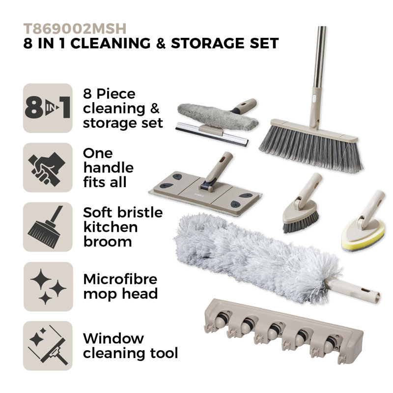 Tower T869002MSH Cavaletto 8 Piece Cleaning & Storage Set with Three Part Handle, Flat Mop Head, Broom Head, Microfibre Duster, Window, Tile, Scrubbing & Wall Holder, Latte