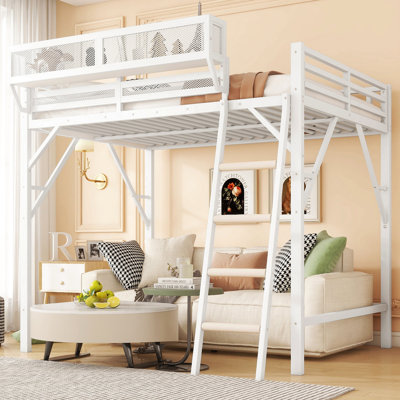 Grand lit mezzanine avec échelle, grand lit mezzanine en métal avec tablettes de rangement, lit mezzanine pour enfants