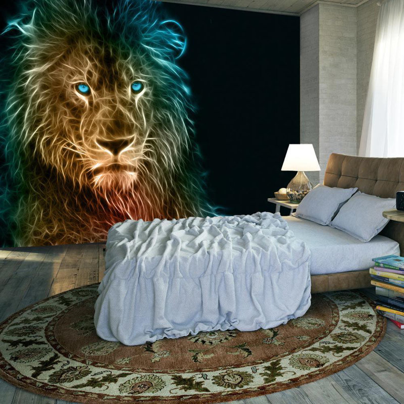 Adhésif mural lion dans la nuit, Brun / Jaune / Bleu, L 54,96 po x l 78 po, Traditional Unpasted