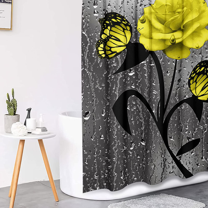 Ensemble de rideau de douche 4 pièces + crochets, Jaune