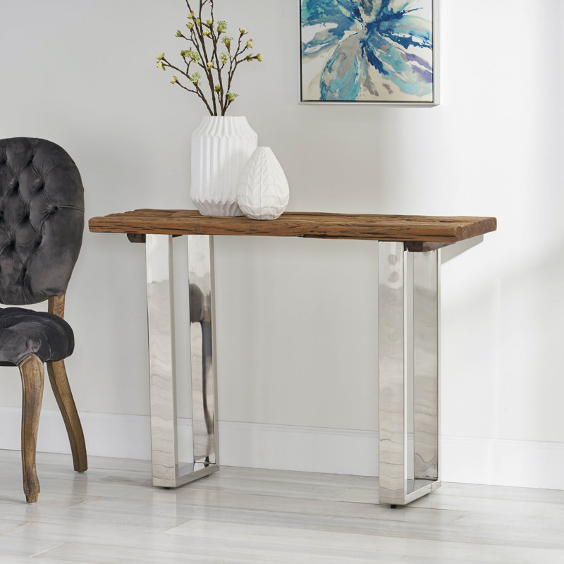 Console rustique en bois récupéré avec table de support stable en fer: et assemblage