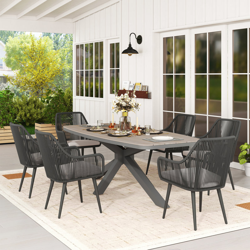 Outdoor 6-person Dining Set With Cushions, Beige, Gray/Light Gray
