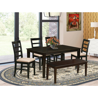 6 Piece Dining Table Set Contains a Rectangle Kitchen Table and 4 Linen Fabric Dining Chairs with a Bench, 36x60 Inch, Cappuccino