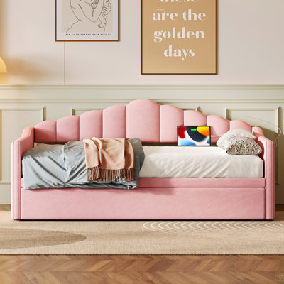 Upholstered Twin Size Daybed With Adjustable Height Pop Up Trundle Twin Bed And USB & Type-C Charging Port