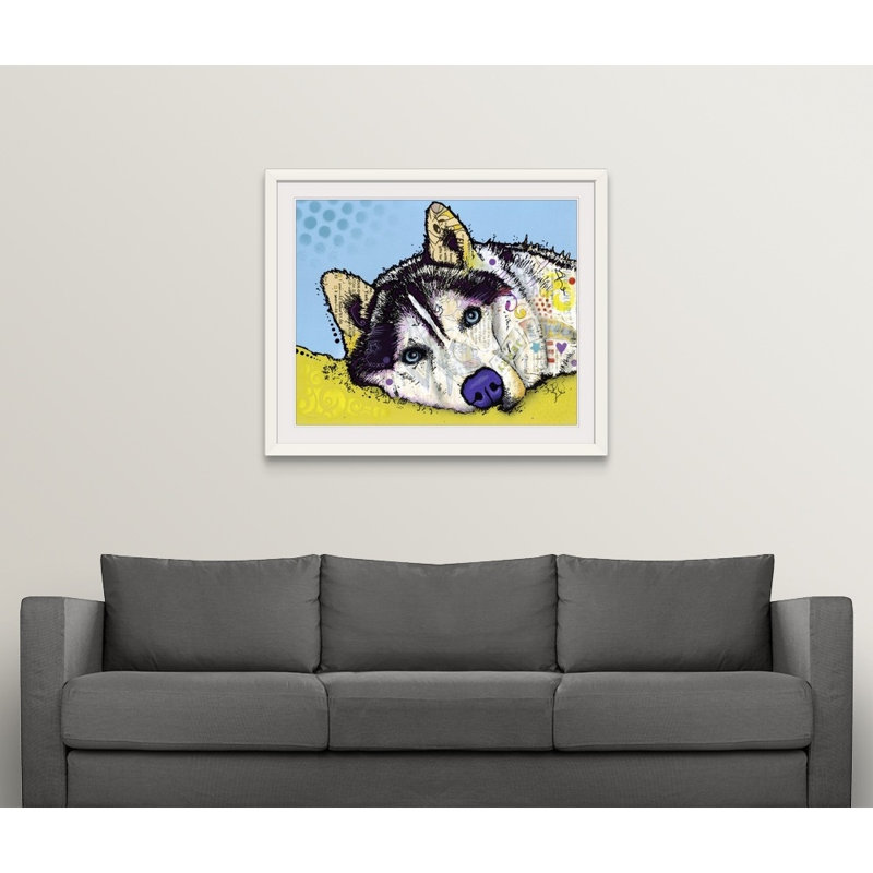 «Husky sibérien» par Dean Russo - reproduction, H 24 po x l 28 po x P 1 po, Cadre blanc