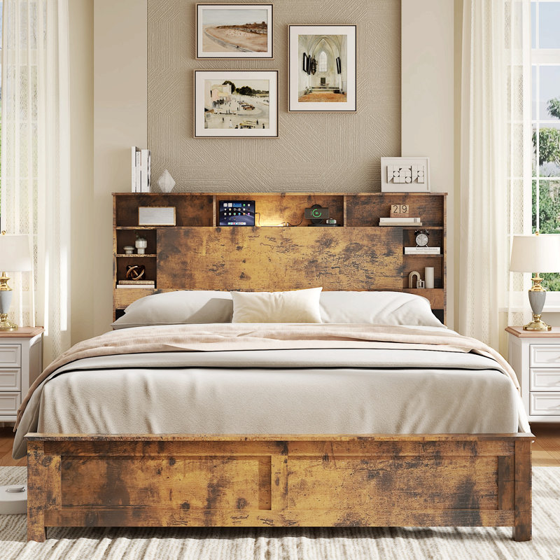 Cadre de lit Queen en bois avec tête de lit de rangement - Cadre de lit Queen avec station de recharge et éclairage DEL, Cadre de lit Queen en bois avec bibliothèque, Lits plates