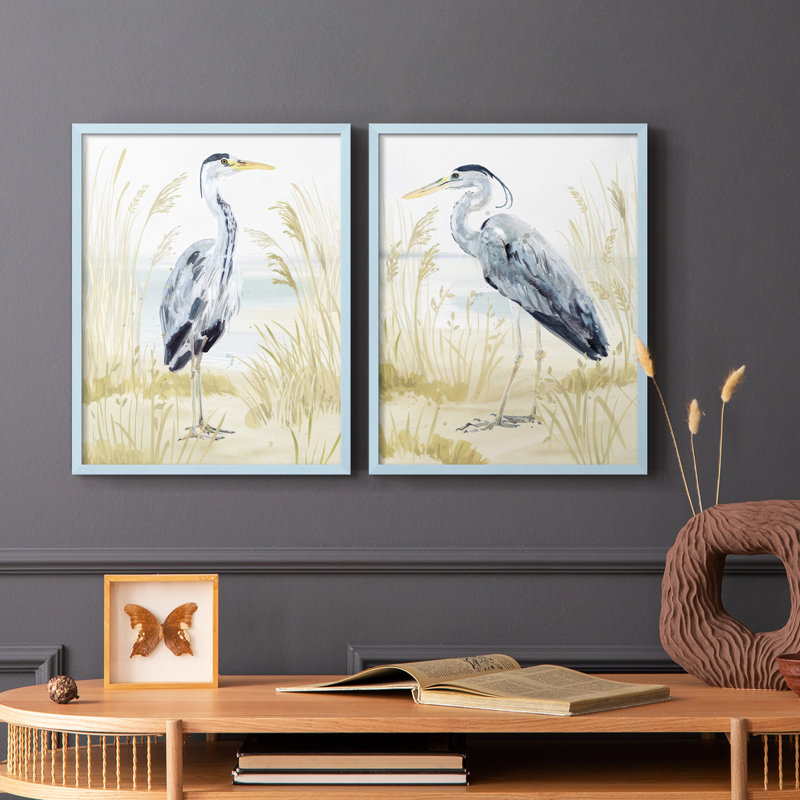 «Heron on the Coast I», reproduction encadrée de qualité supérieure - prête à être accrochée - aucun clou requis - aucun clou requis