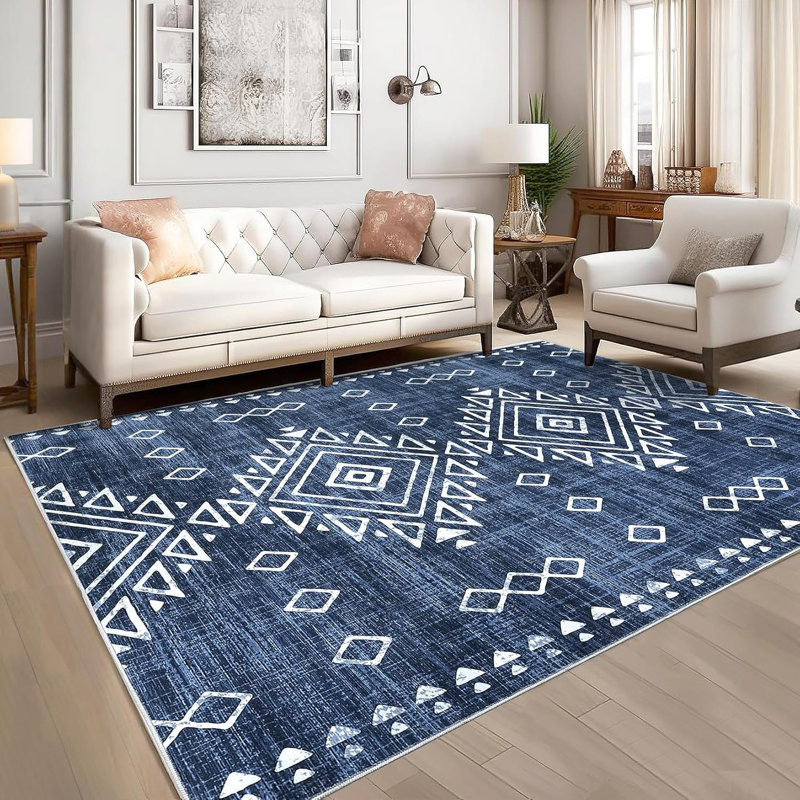 Geometric Vintage Hallway Rug, Machine Washable Non-Slip Low Pile, Distressed Tribal Carpet for Entryway, Rectangle 10' x 13'