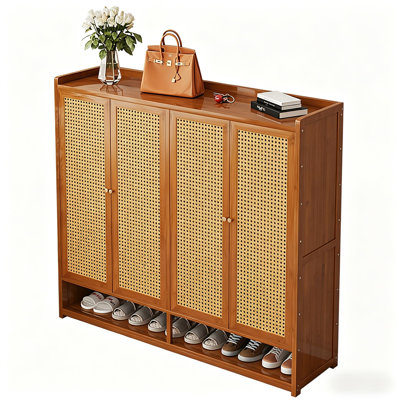 7 Tiers 32 Pairs Shoe Rack, Bamboo Shoes Storage Cabinet With Rattan Doors, Free Standing Organizer For Entryway
