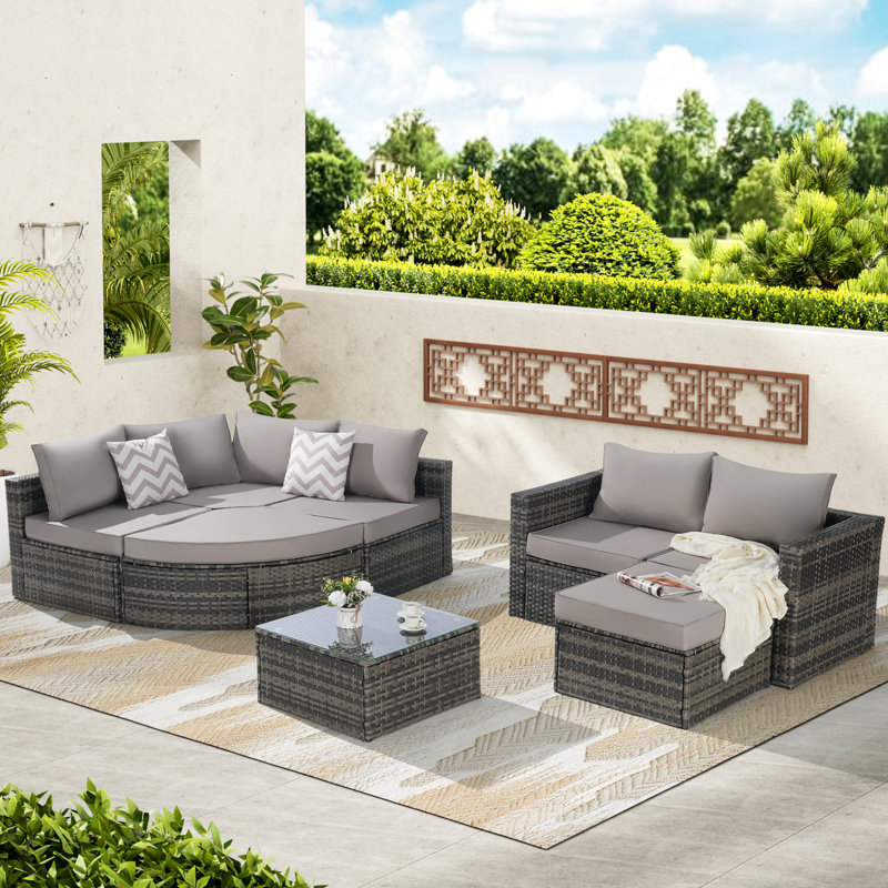 8 Piece Outdoor Patio Sofa Set, Sectional L- Shaped Patio Furniture Wicker Patio Conversation Set with Curved Sofa  Ottoman & Glass Top Table for Backyard Poolside