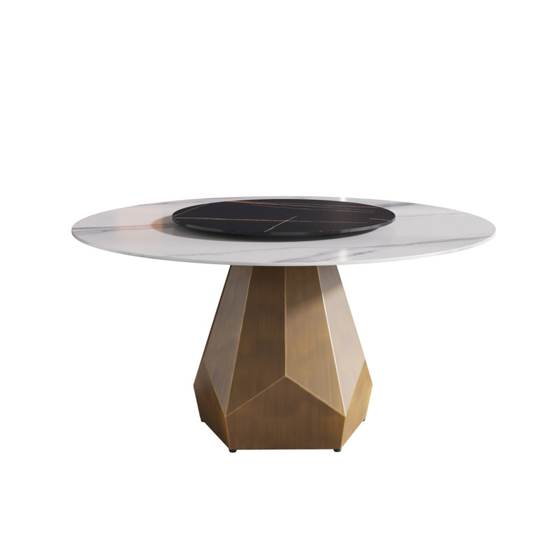 Table de salle à manger en marbre 60,44 po, base en métal, table tournante en pierre artificielle noire 31,5 po, blanc et noir, 6 à 8 sièges, pas de déformation avec table rotative rétro à haute température et design moderne