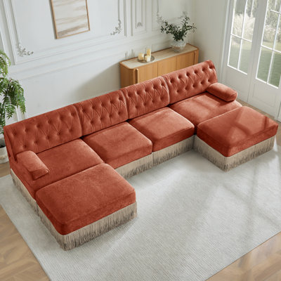 Red Brown Modular With 4 Seats And 2 Ottomans, Tassel Skirt, Style, High - Resilience Foam, Fleece Upholstery For Living Room Bedroom Use Decor
