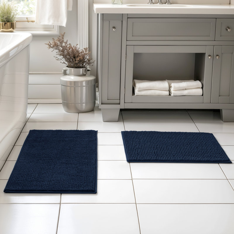 Super Soft Absorbent Microfiber Rectangle Non-Slip Bath Rug Set, Navy, 32'' L x 20'' W, Set of 2