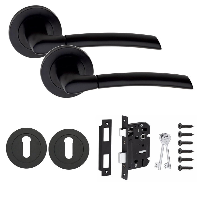  Indiana Design Door Handles Set on Round Rose in Matt Black Finish with 64mm 3 Lever Mortise Lock & Key Hole