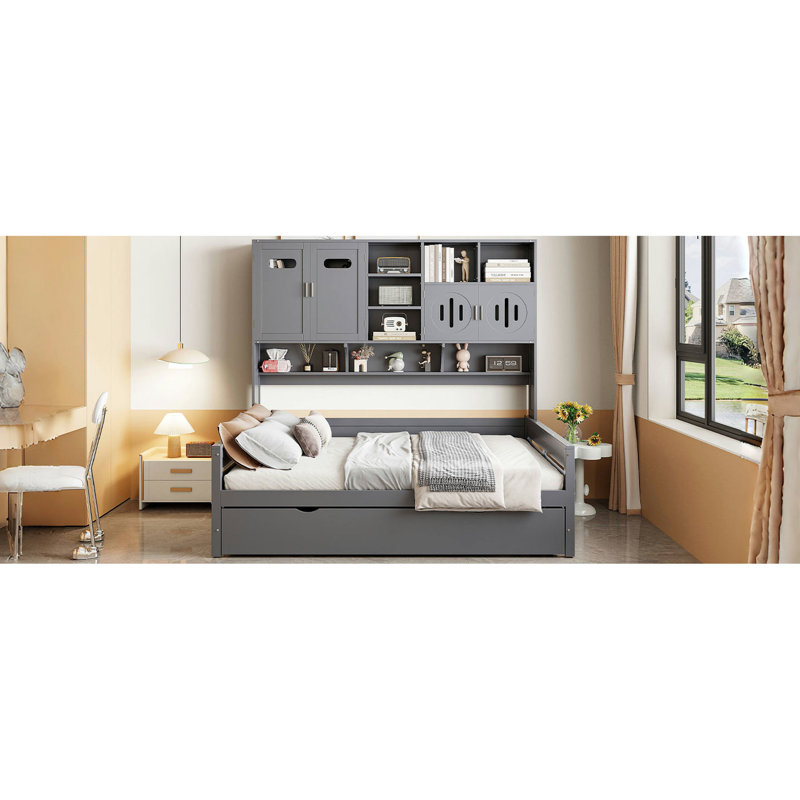 Lit de jour en bois robuste avec lit gigogne simple et tablette d'armoire, gris - Option d'optimisation de l'espace en ergonomique