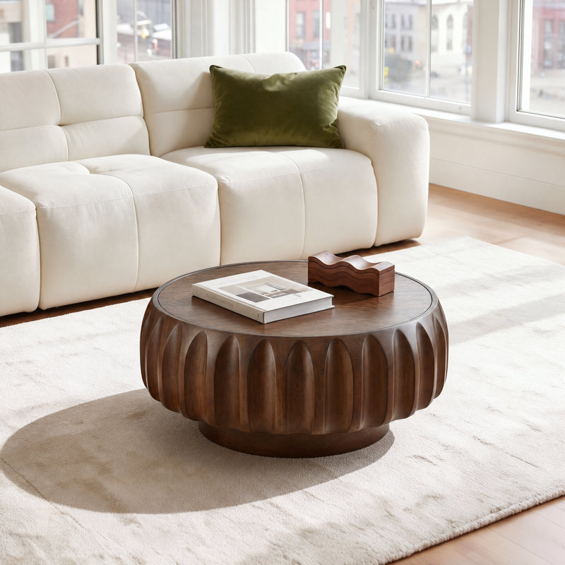 Table basse tambour Khadim 80 cm, table basse ronde contemporaine moderne et unique en bois cannelé avec centre cannelé, noyer