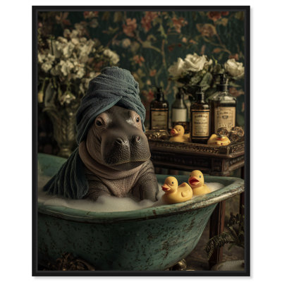 Décoration murale de salle de bain Dapper Hippo par Art Remedy, cadre noir, 16 x 20