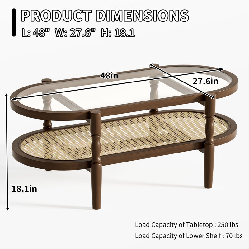 Rattan Coffee Table with Tempered Glass Tabletop and Solid Wood Frame,Glass Coffee Table,Oval Coffee Table,Boho Coffee Table,Coffee Tables for Living Room,Suitable for Living Room,Office,or Balcony