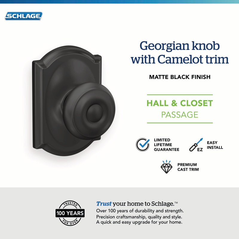 Georgian Passage Knob with Camelot Trim, Matte Black