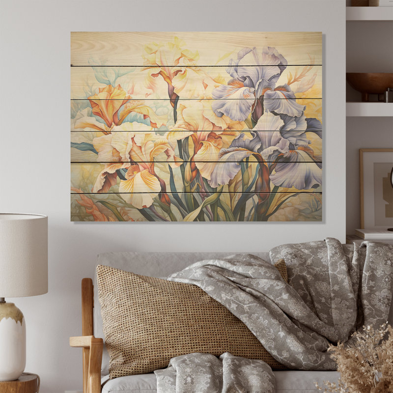 Beige et bleu, minimalisme, iris, fleurs de sérénité - iris, art mural sur bois de pin naturel, H 30 po x l 40 po
