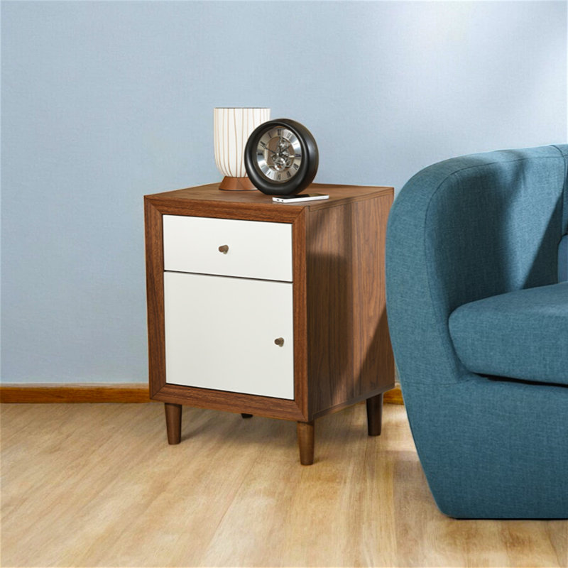 Scandinavian Mid-Century Modern White & Walnut 1-Drawer Nightstand