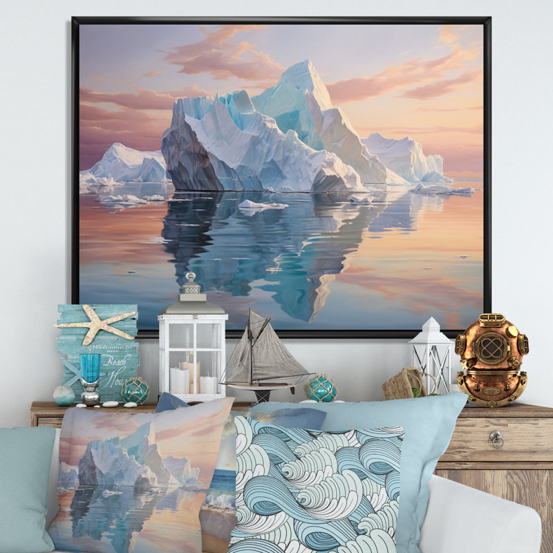 " Teal Peach Iceberg Frozen Serenity ", H 16 po x l 32 po x P 1 po, Cadre flottant noir
