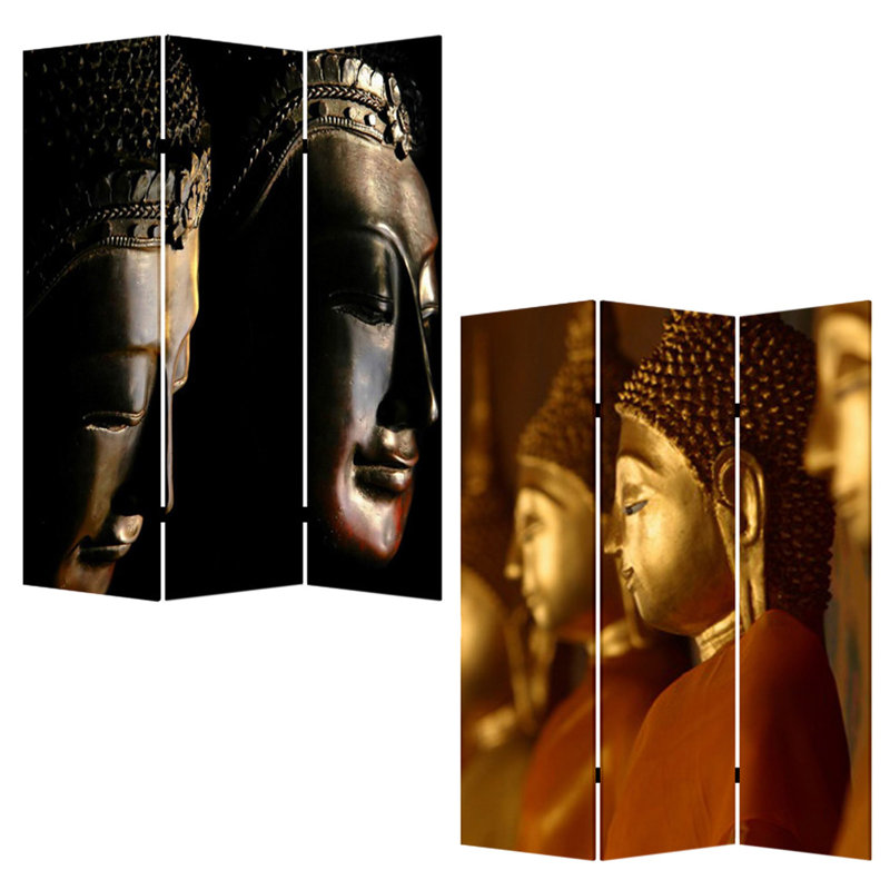 Paravent 3 panneaux Brar 71 pouces, imprimé Bouddha double face, noir, brun