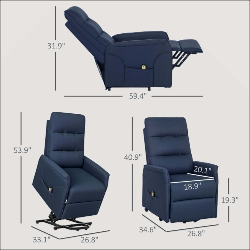 Canapé inclinable en tissu avec télécommande, fauteuil relevable électrique, poches latérales