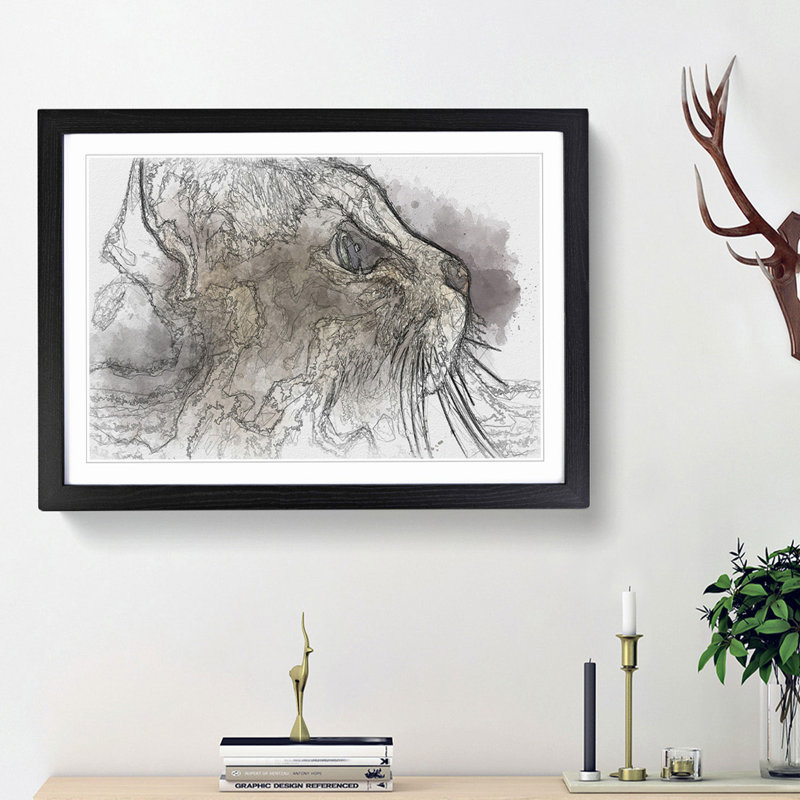 Curious Cat in Abstract - Picture Frame Graphic Art Print, Black Framed, 62cm H x 87cm W x 2cm D