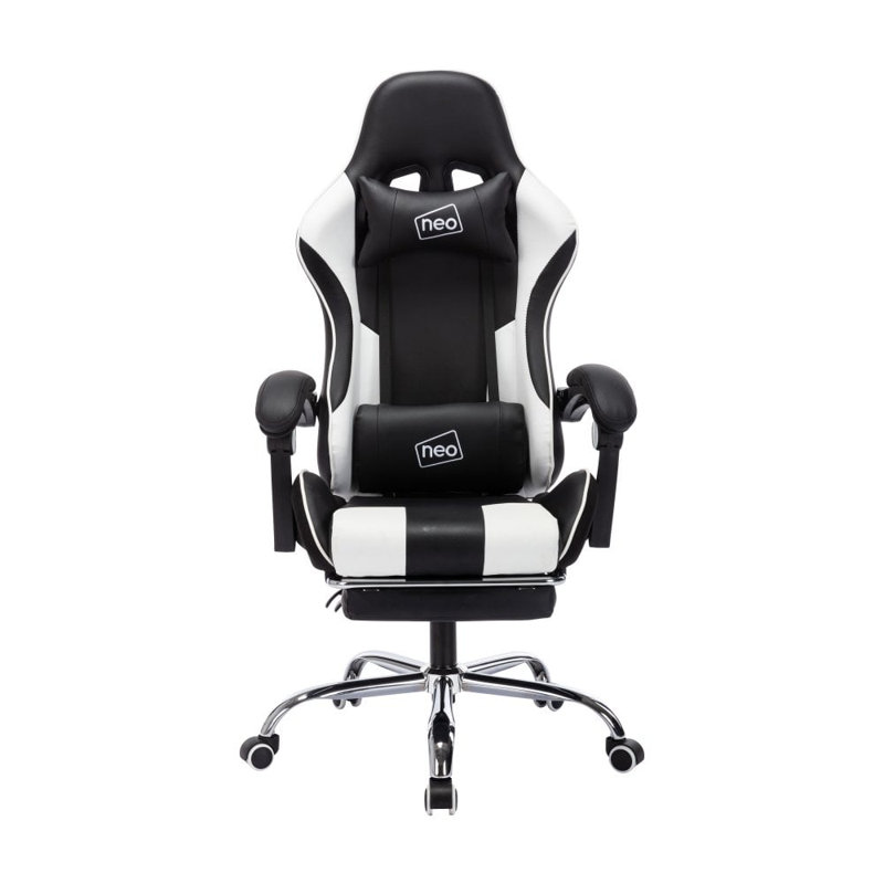 NeoDirect Adjustable Reclining Ergonomic Faux Leather Swiveling PC & Racing Game Chair with Footrest in Black/White, White