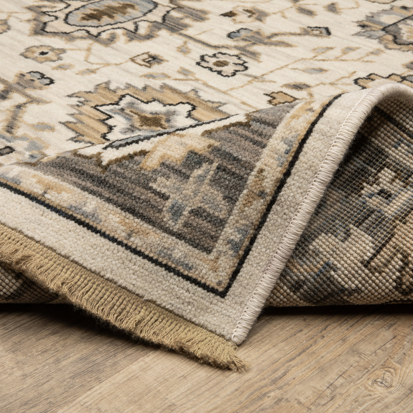 Abena Beige Gray Bordered Oriental Wool Rug, Rectangle 3'3" x 5'