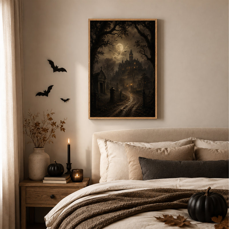 Impression sur toile, "Gothic Castle on Hill Under Full Moon With Bats", H 48 po x l 32 po