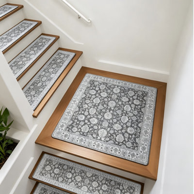 Non-Slip Stair Treads Matching Mat for Wooden Steps 31"x31" | Square Rubber Backing Anti-Slip Stair Carpet Landing Mat Stair Rugs Gray Carpet for Stairs