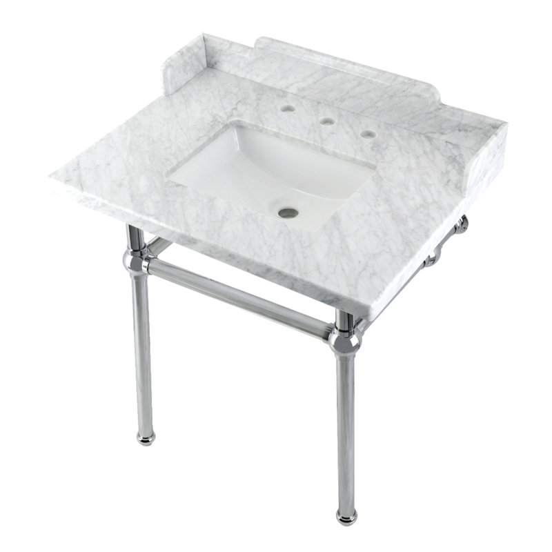Lavabo console en marbre Carrara de 30 pouces avec pieds en laiton Kingston (8 pouces, 3 trous) Kingston, Blanc / or