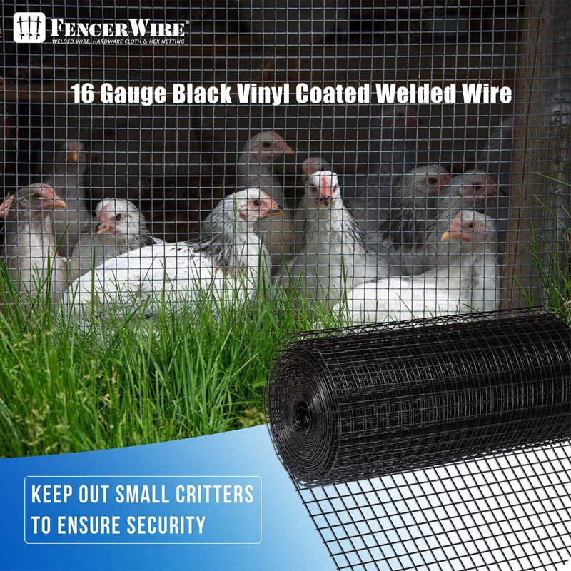 Fencer Wire 16 Gauge Black Vinyl Coated Welded Fence Mesh Roll with 1-Inch Grid, Multiple Sizes, 5 ft. H x 50 ft. W