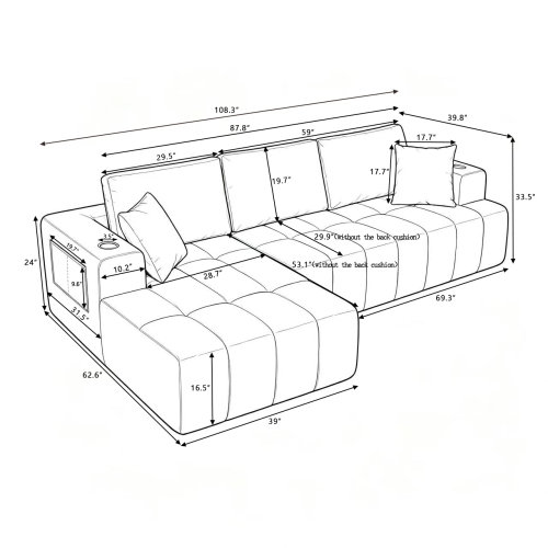 Canapé modulaire en forme de L 108 po avec méridienne en forme de L avec méridienne, canapé de compression rembourré moderne avec porte-gobelets et poches de rangement latérales pour espaces de vie, installation instantanée sans outil